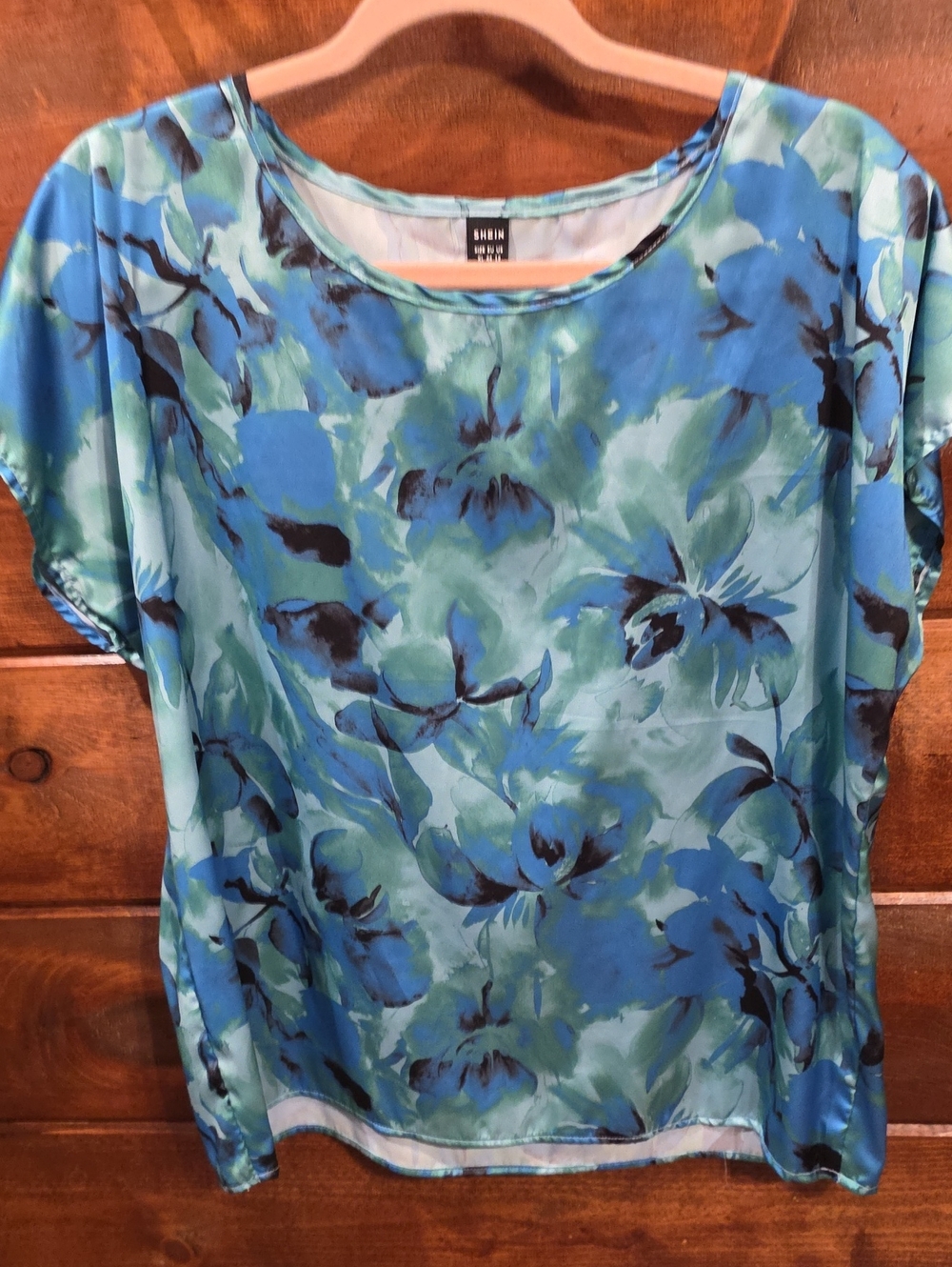 SHEIN Blue and Aqua Floral Short-Sleeve Blouse